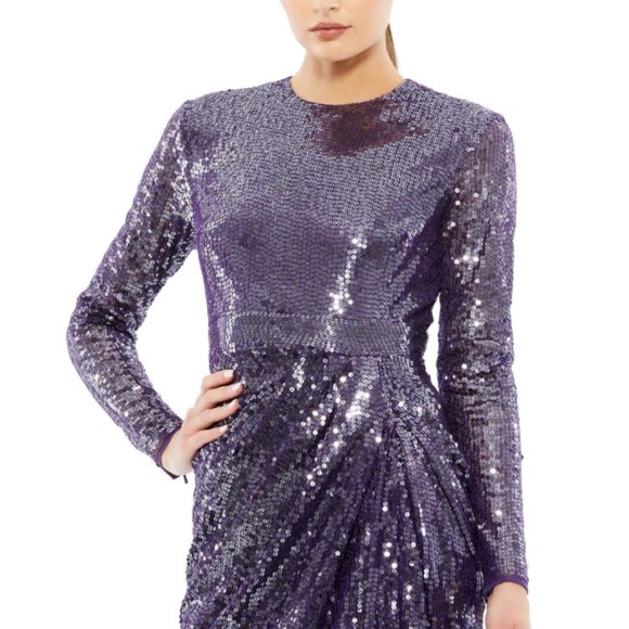 MAC DUGGAL 10824 SEQUINED HIGH NECK LONG SLEEVE DRAPED DARK AMETHYST GOWN sz 10 - Picture 3 of 7